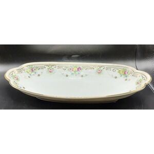 Vintage Hand Painted Nippon  Celery Dish Green & Gold Accents Floral 11.5"x5"